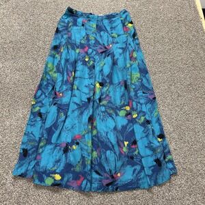 Vitnage Intentions Skirt Womens 16 Blue Floral Rayon A-Line Midi Button Zip